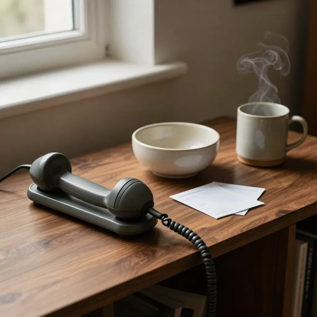 Closed handset, message bowl, face-down response cards, and a steaming mug on a walnut sideboard.