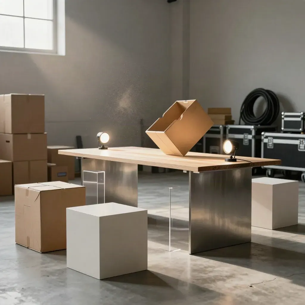 Empty launch bay with lit pedestals, stacked cartons, and dust drifting in soft light