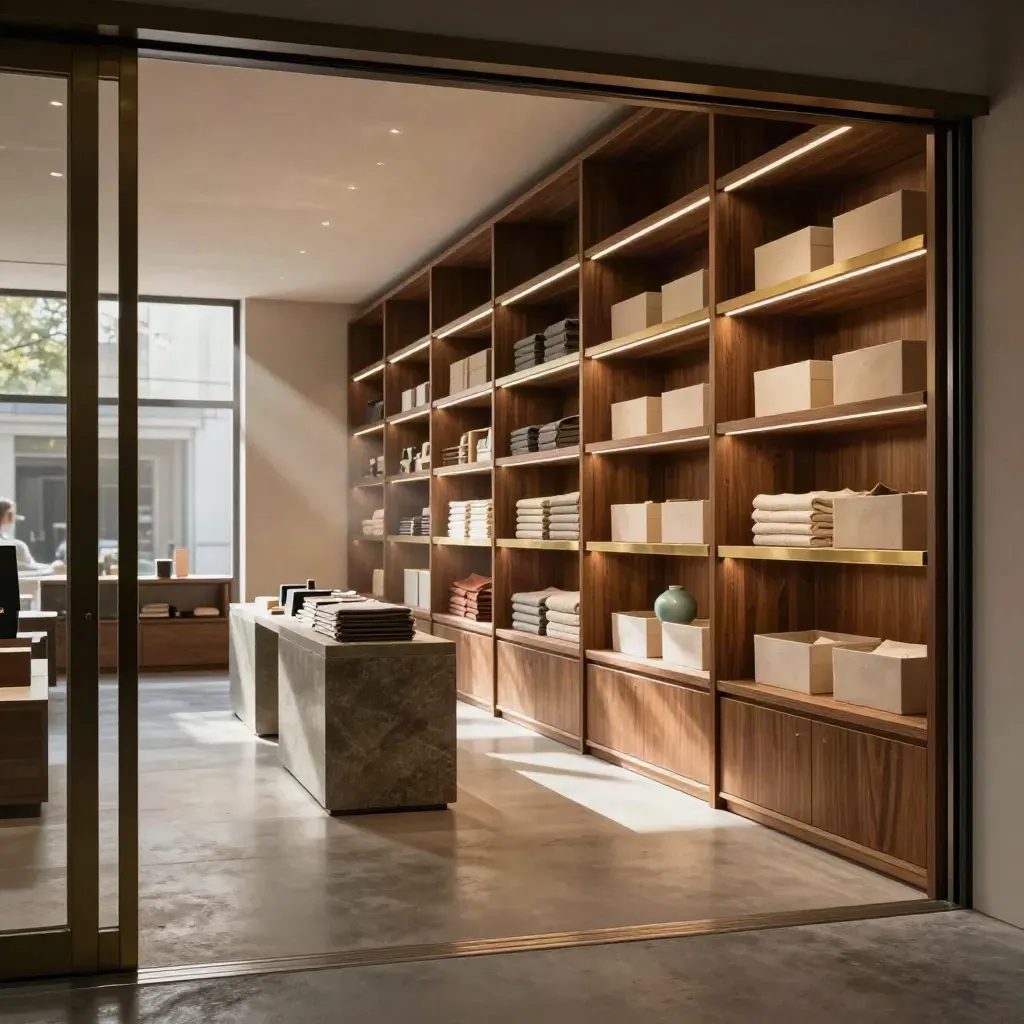 Empty retail interior with lit shelving, polished floors and teal accents, ready for opening.