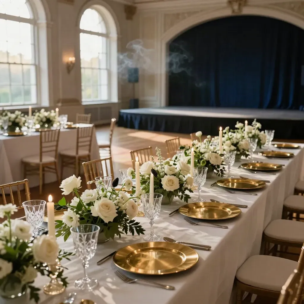 Empty gala ballroom with candles, florals, glassware and an unoccupied stage, ready for guests.