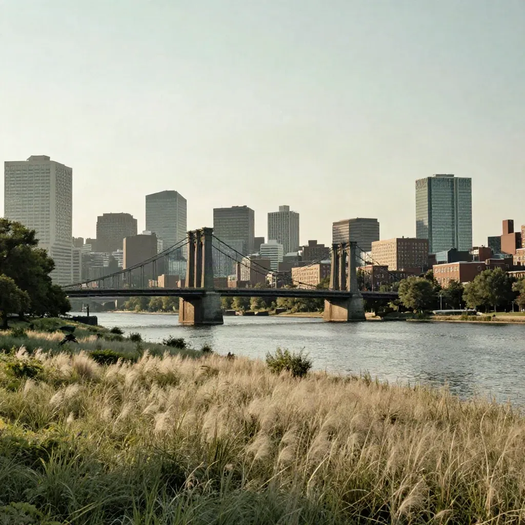 Boston and Cambridge across the Charles River with the Longfellow Bridge in late-summer haze.
