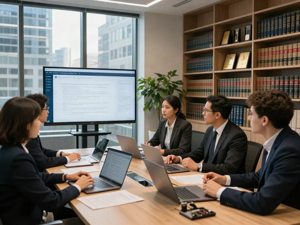 Lead Roedl team collaborating in a modern legal office, showcasing strategic discussions and professionalism.